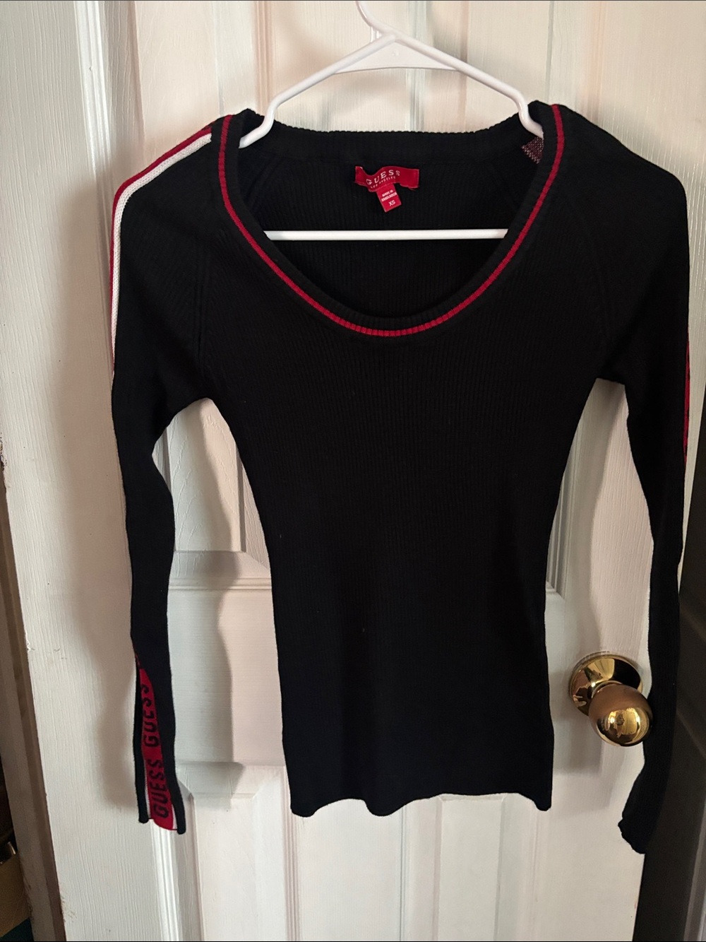 Guess Black Ribbed Long Sleeve Scoop Neck Top with Red Trim